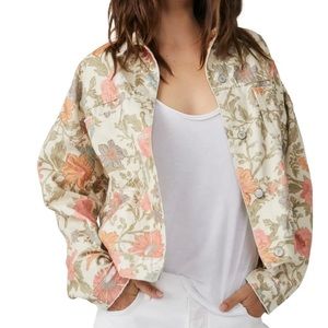 Free People Opal Swing Printed Denim Jacket Ivory XS